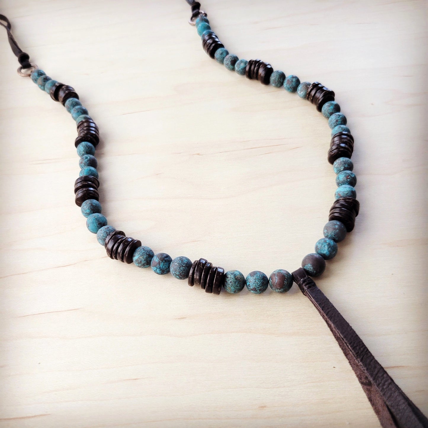 **Natural American Turquoise Necklace w/ Wood Beads & Tassel 262i