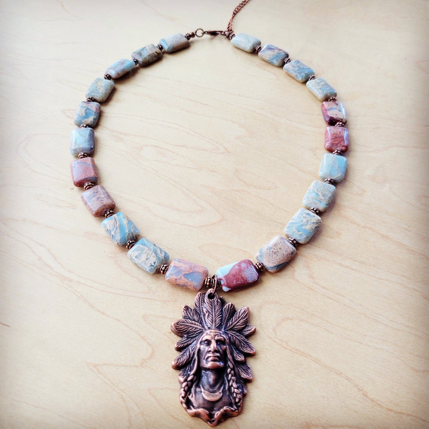 Genuine Aqua Terra Collar Necklace w/ Copper Indian Pendant 261n