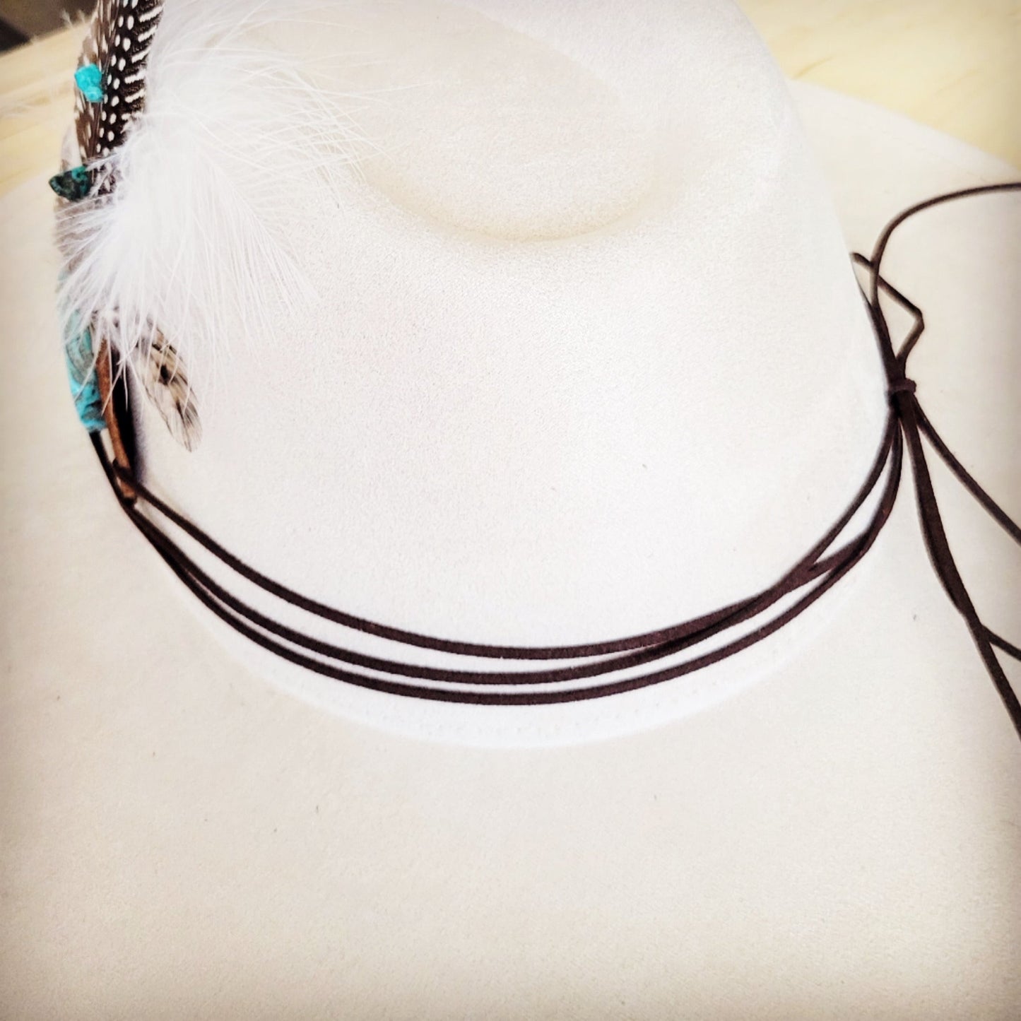 Turquoise Accent Guinea Feather & Leather Hat Band Only 952e