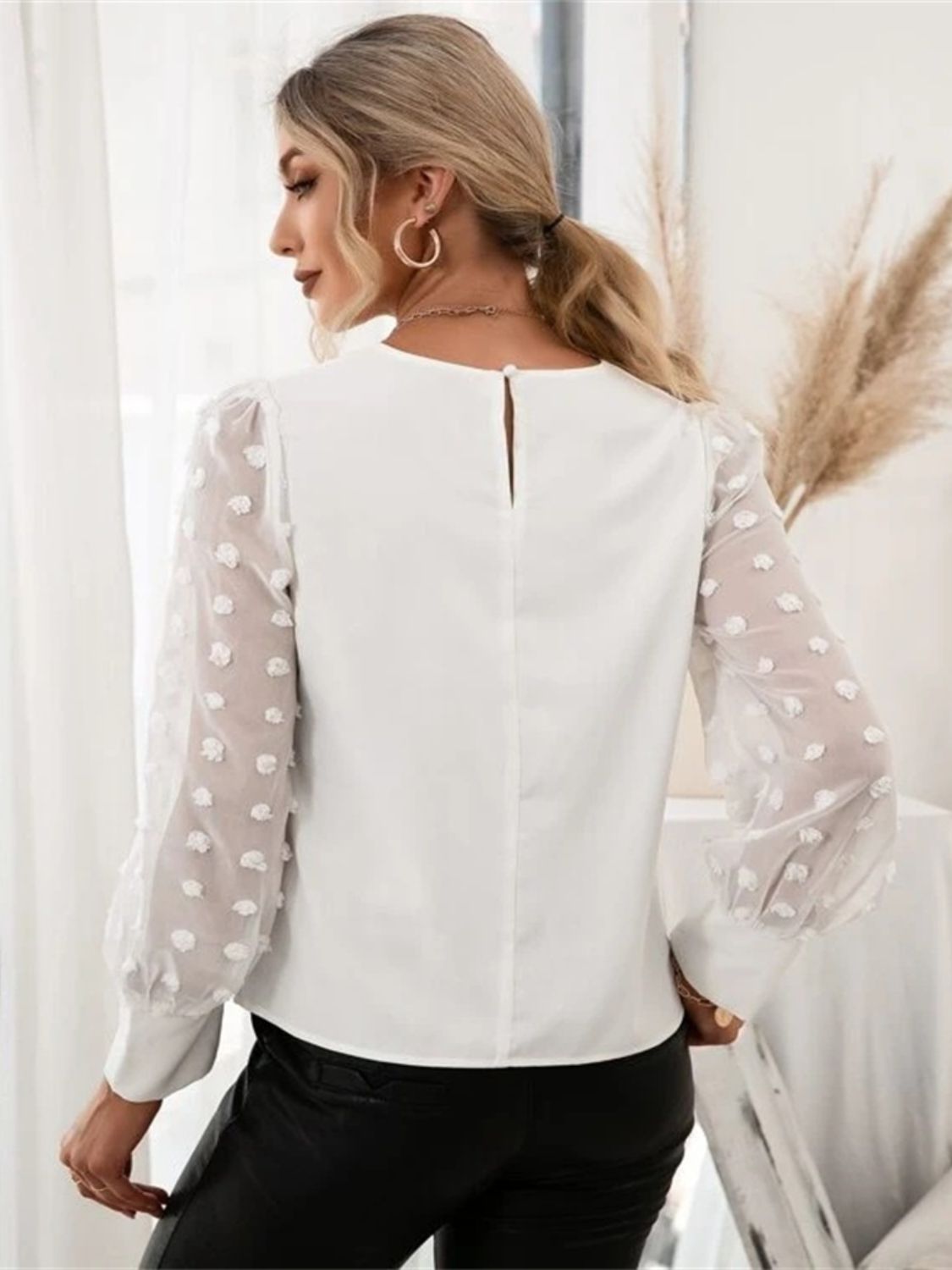 Swiss Dot Round Neck Long Sleeve Blouse