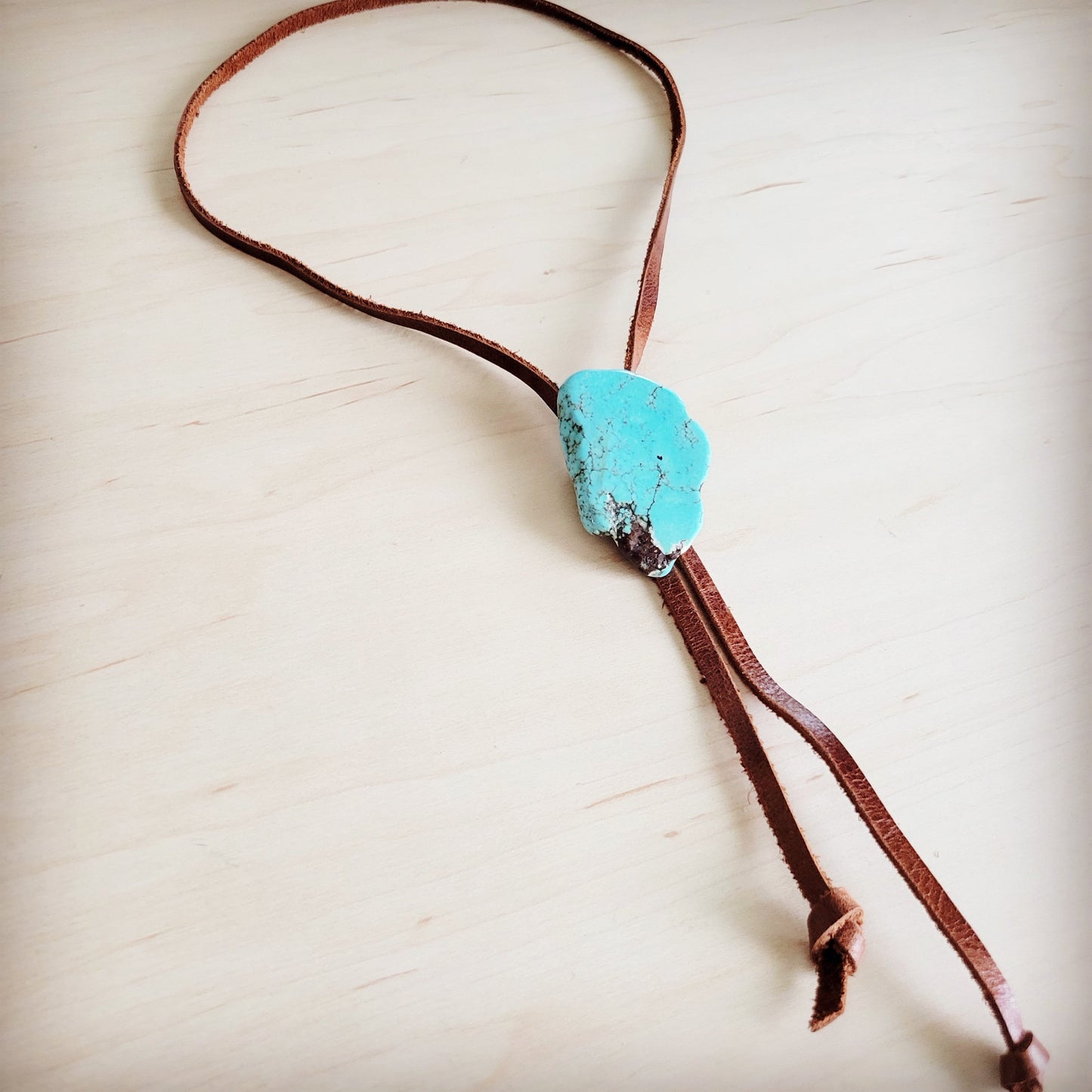 Leather Lariat Boho Necklace w/ Turquoise Slab Accent 263t