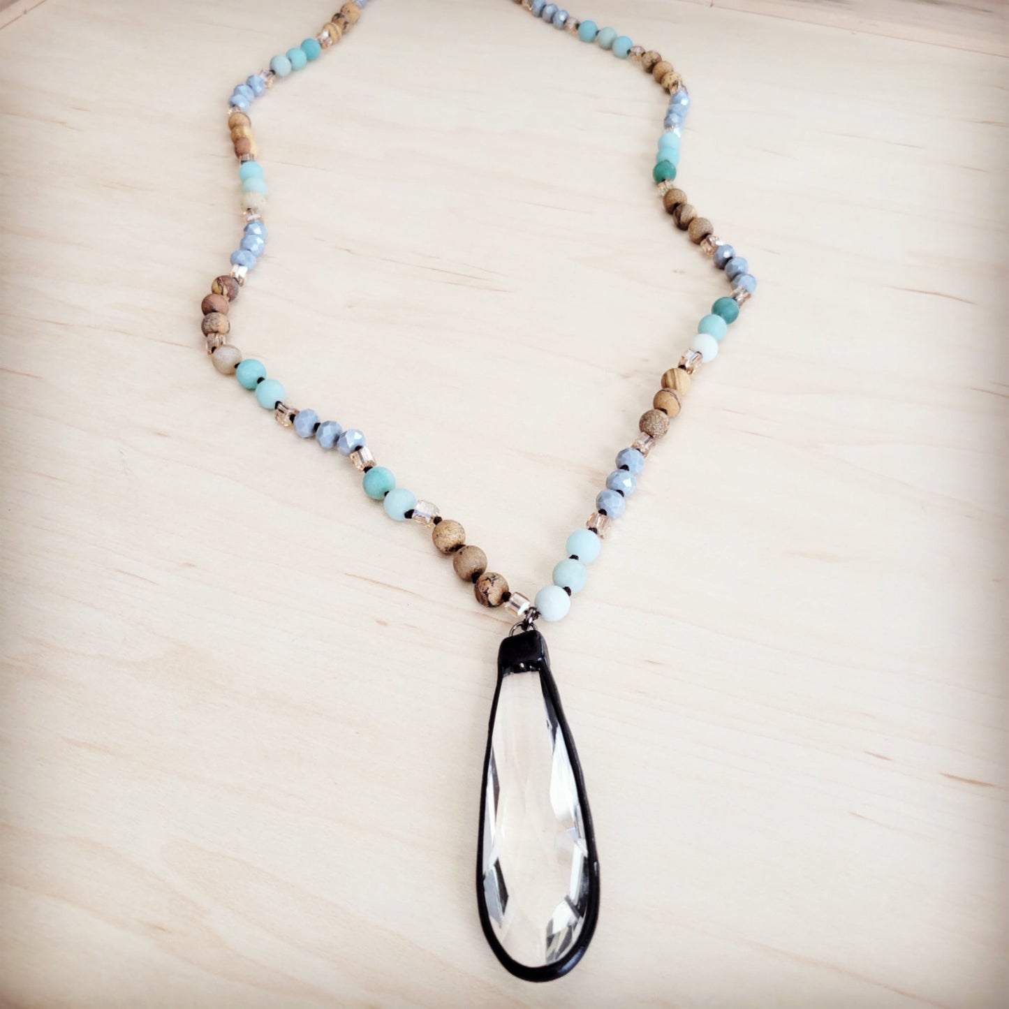 **Picture Jasper & Amazonite Long Beaded Necklace w/ Crystal Pendant 262r