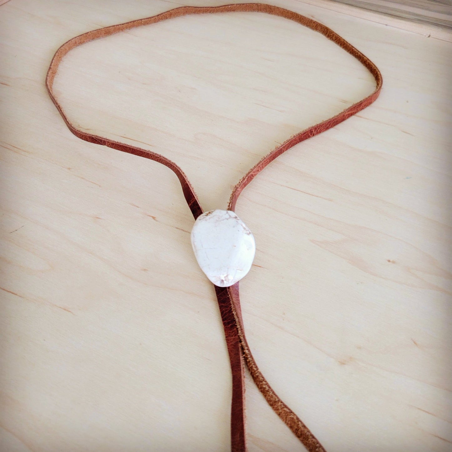 Leather Lariat Boho Necklace w/ White Turquoise Slab 264h