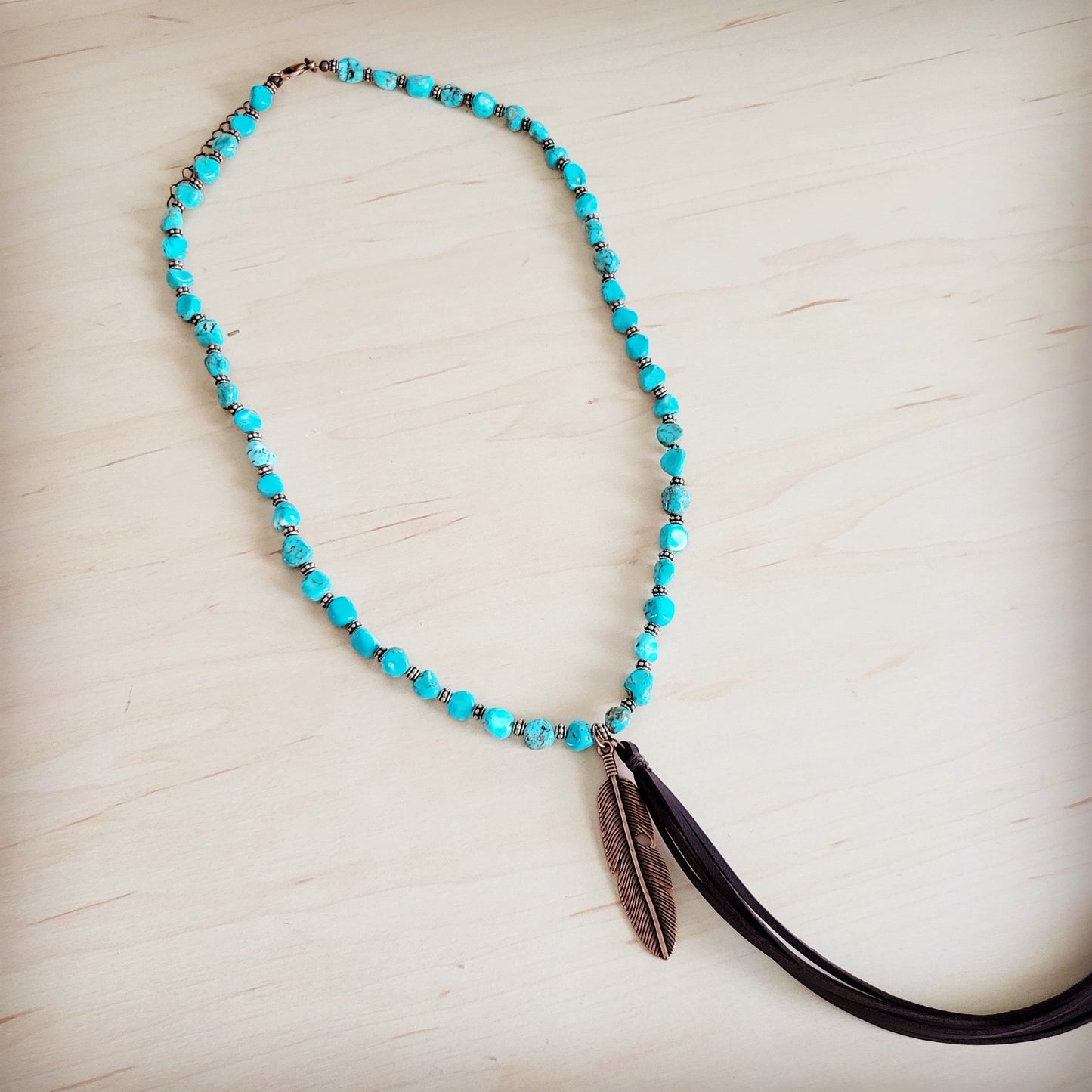 Turquoise & Copper Necklace w/ Feather Tassel Pendant 264c