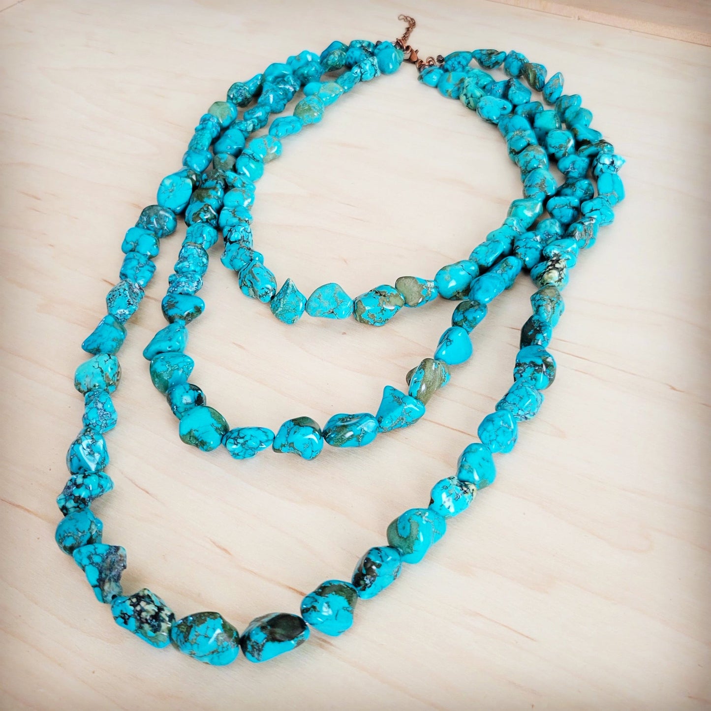 Genuine Blue Turquoise Triple Strand Necklace 259h