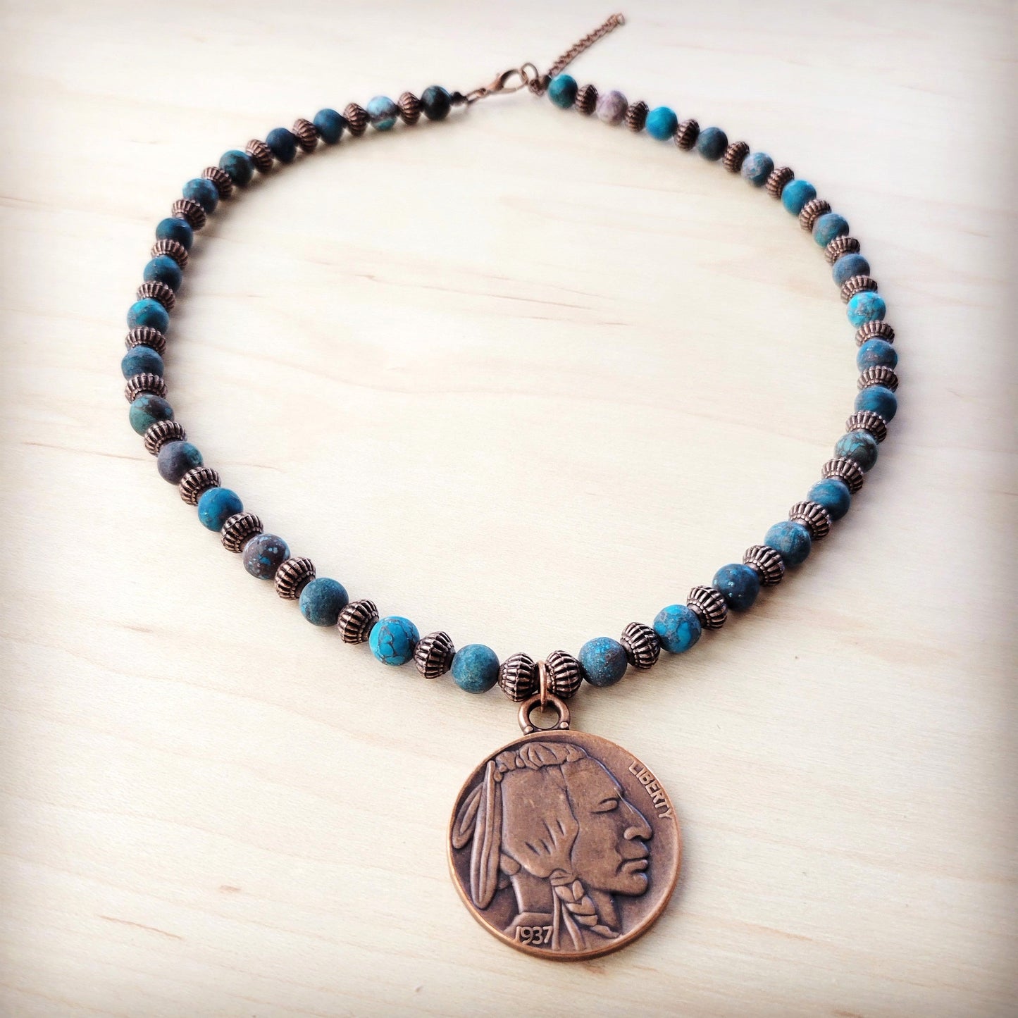 **Natural American Turquoise Beaded Collar Necklace w/ Indian Head Pendant 262h