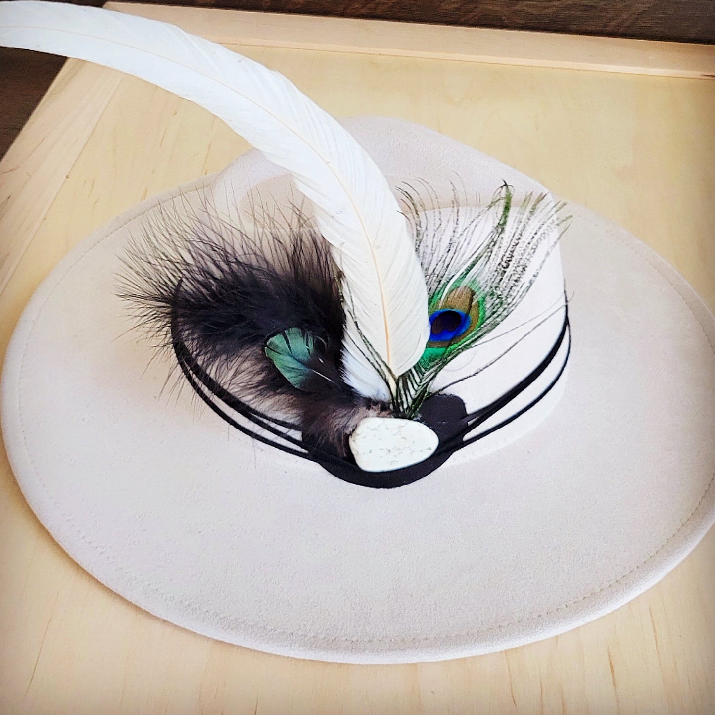 Peacock/White Feather & Turquoise on Leather Hat Band (Band Only) 953f