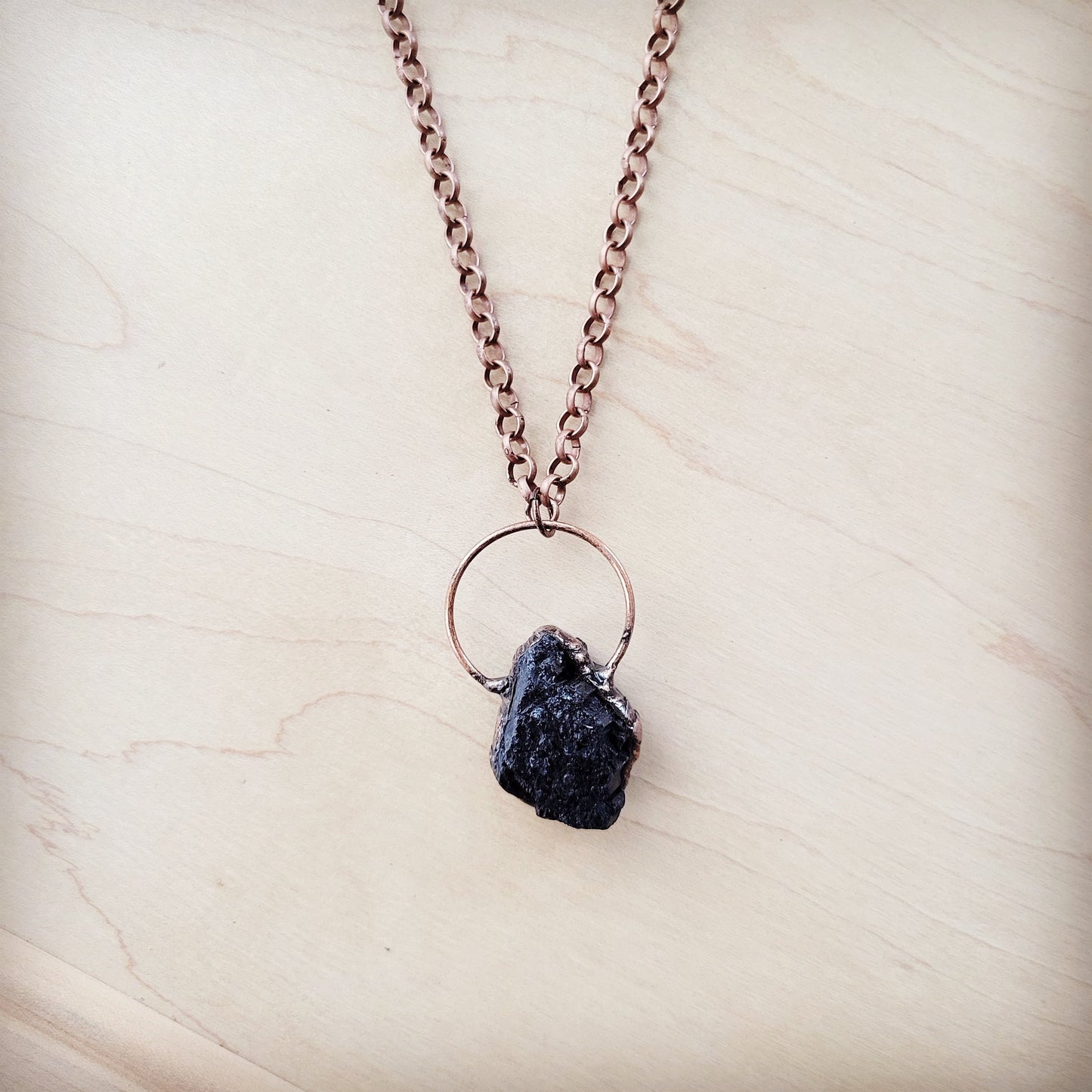 **Long Copper Necklace with Black Agate Pendant 261r
