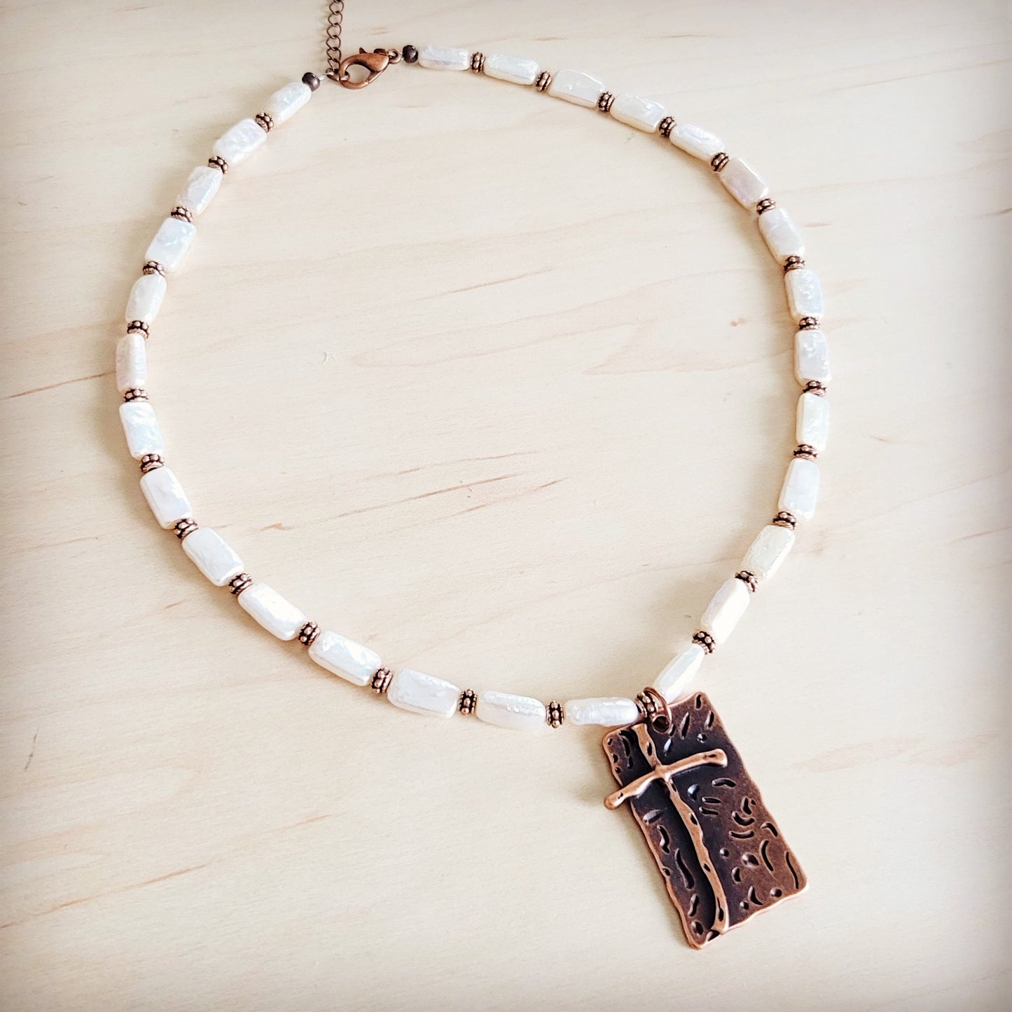 Rectangle Freshwater Pearl & Copper Necklace w/ Antique Cross Pendant 264a