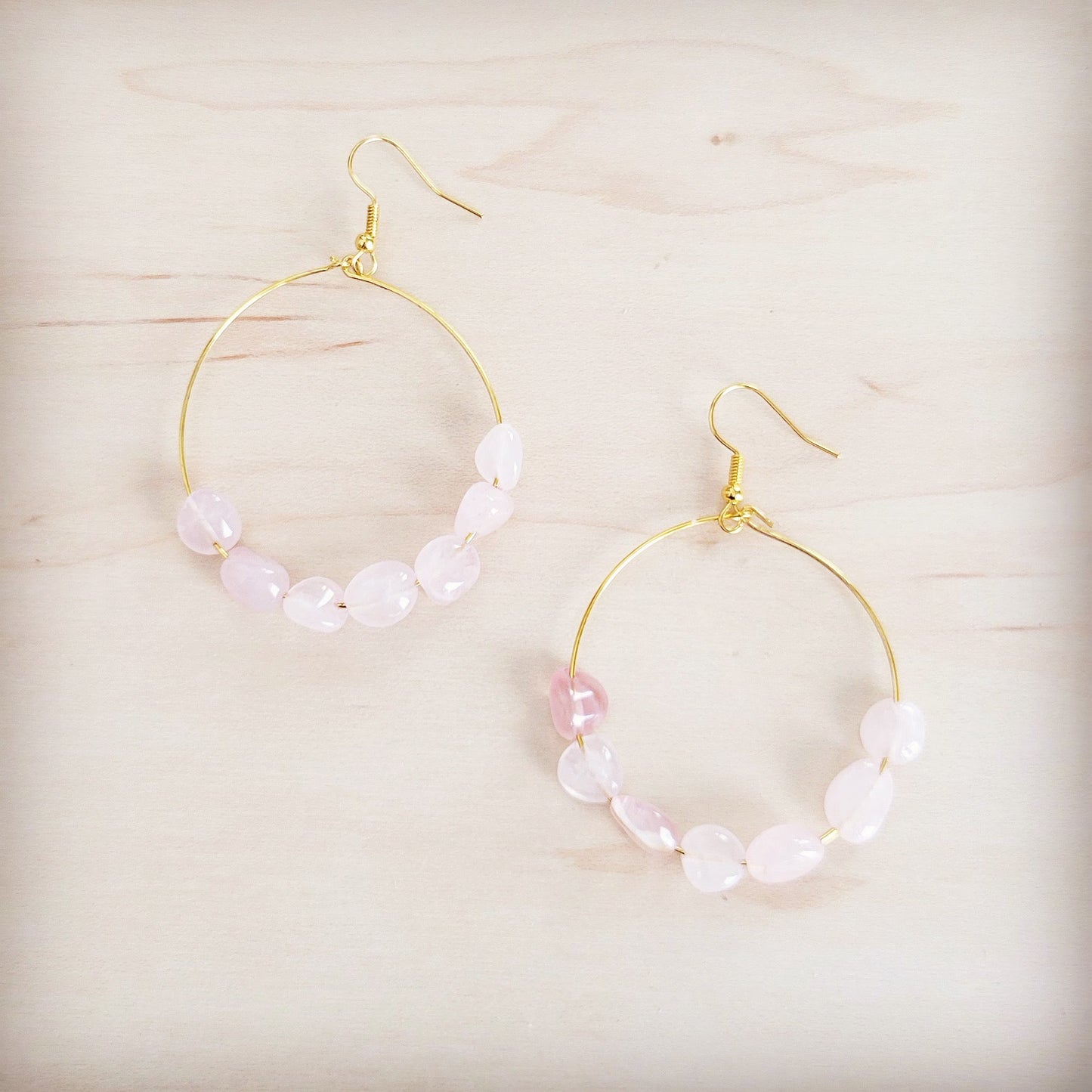 **Beaded Hoop Earrings- Genuine Natural Rose Quartz Stones 200bk