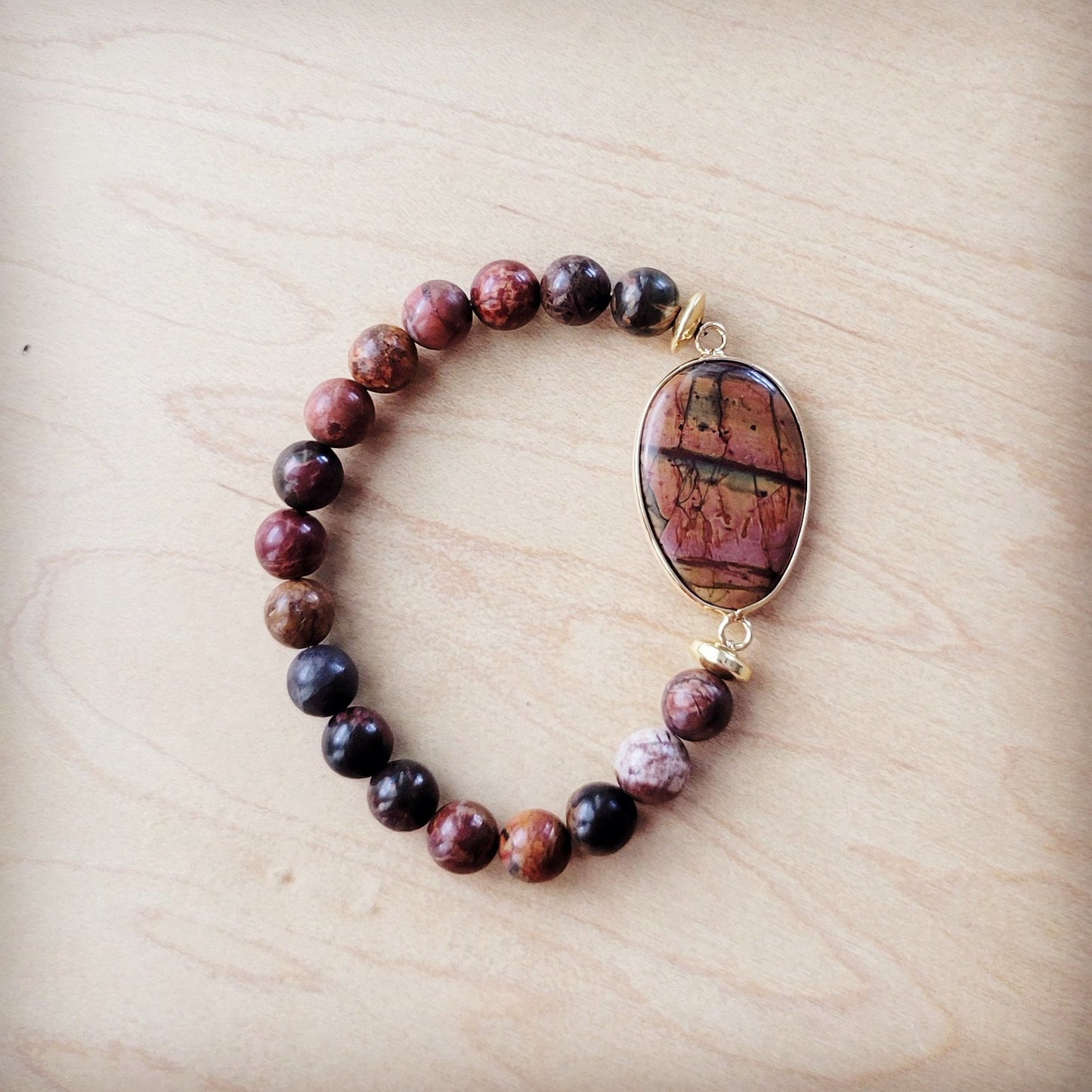**Picasso Jasper Beaded Bracelet with Center Agate Stone Accent 810z