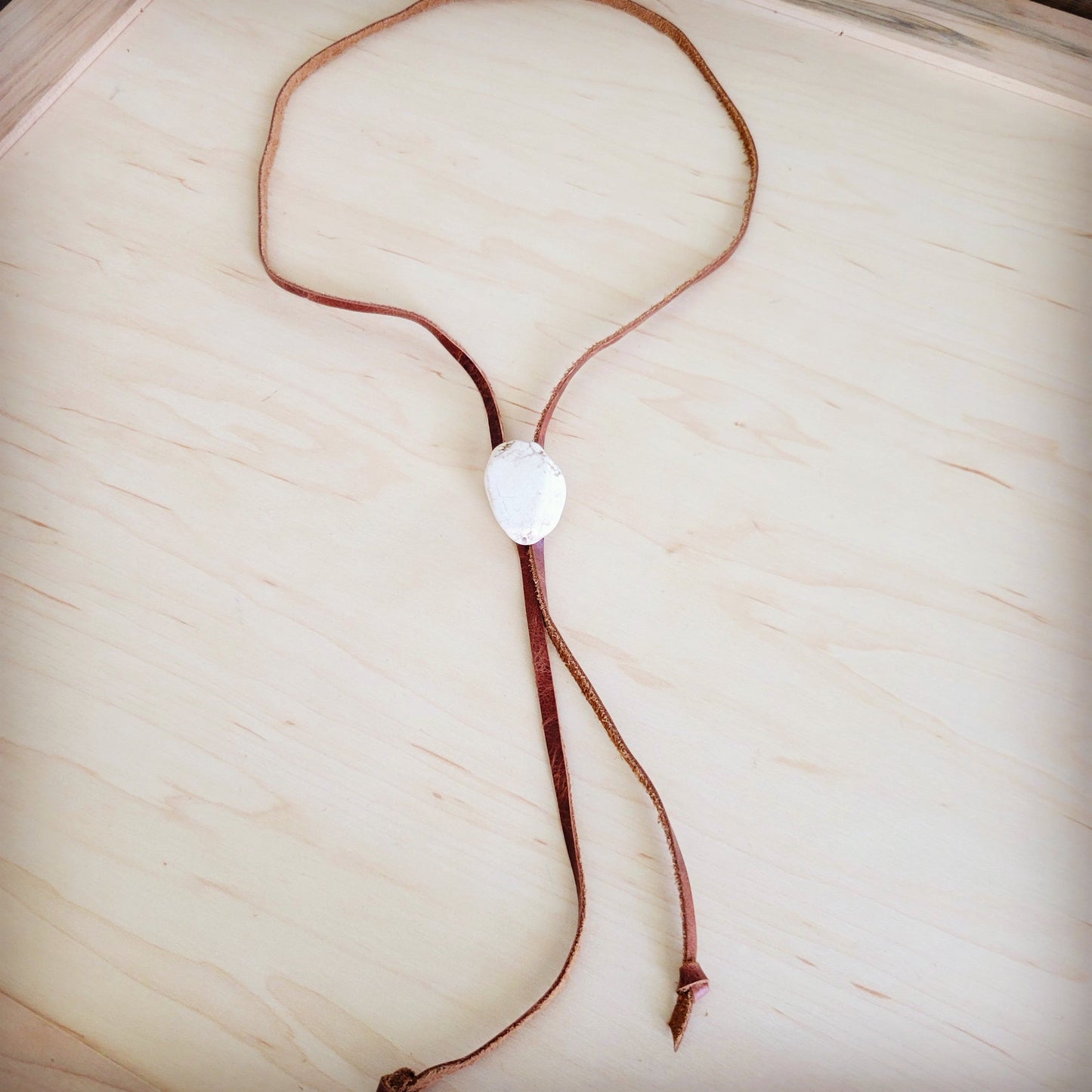 Leather Lariat Boho Necklace w/ White Turquoise Slab 264h