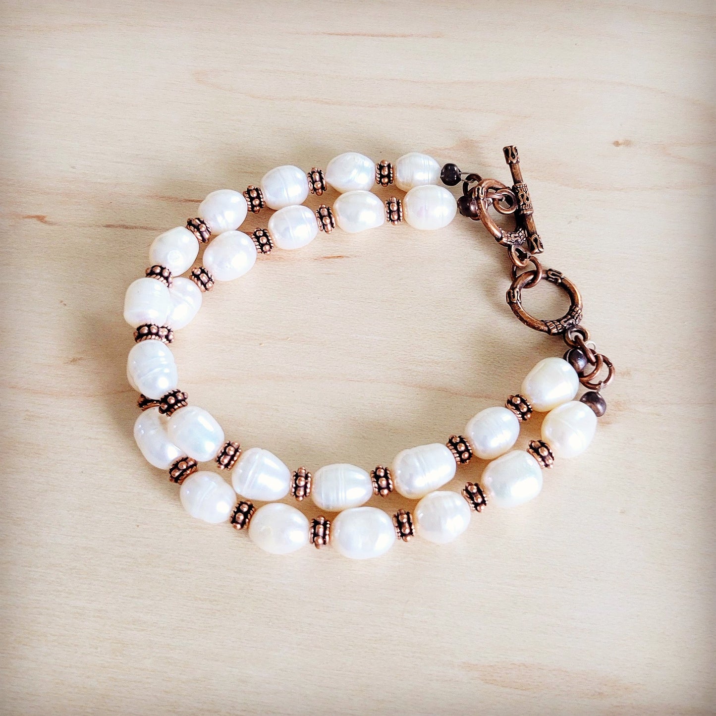 Freshwater Pearl & Copper Boho Beaded Double Strand Bracelet 811y