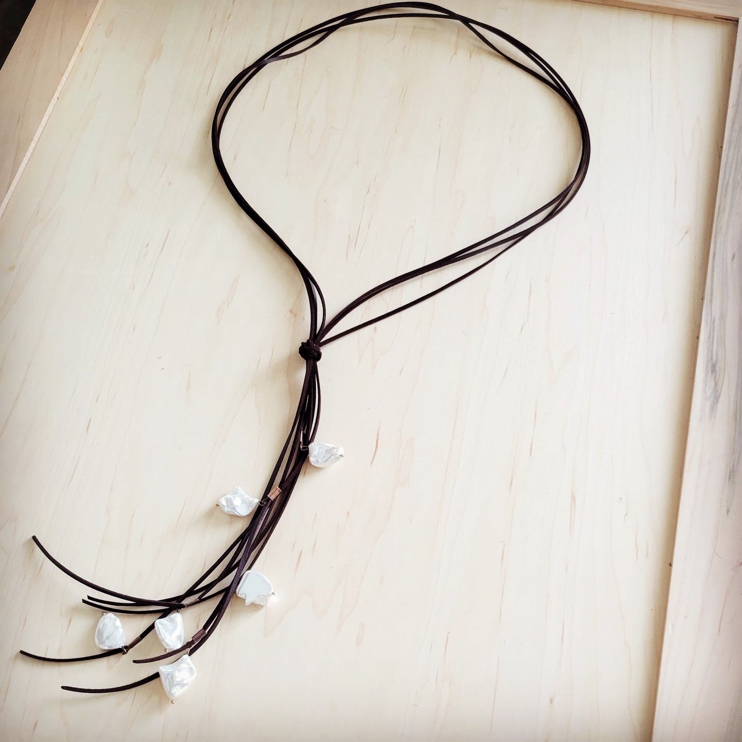 Dark Brown Boho Knotted Leather Cord Necklace w/ Pearls 263w