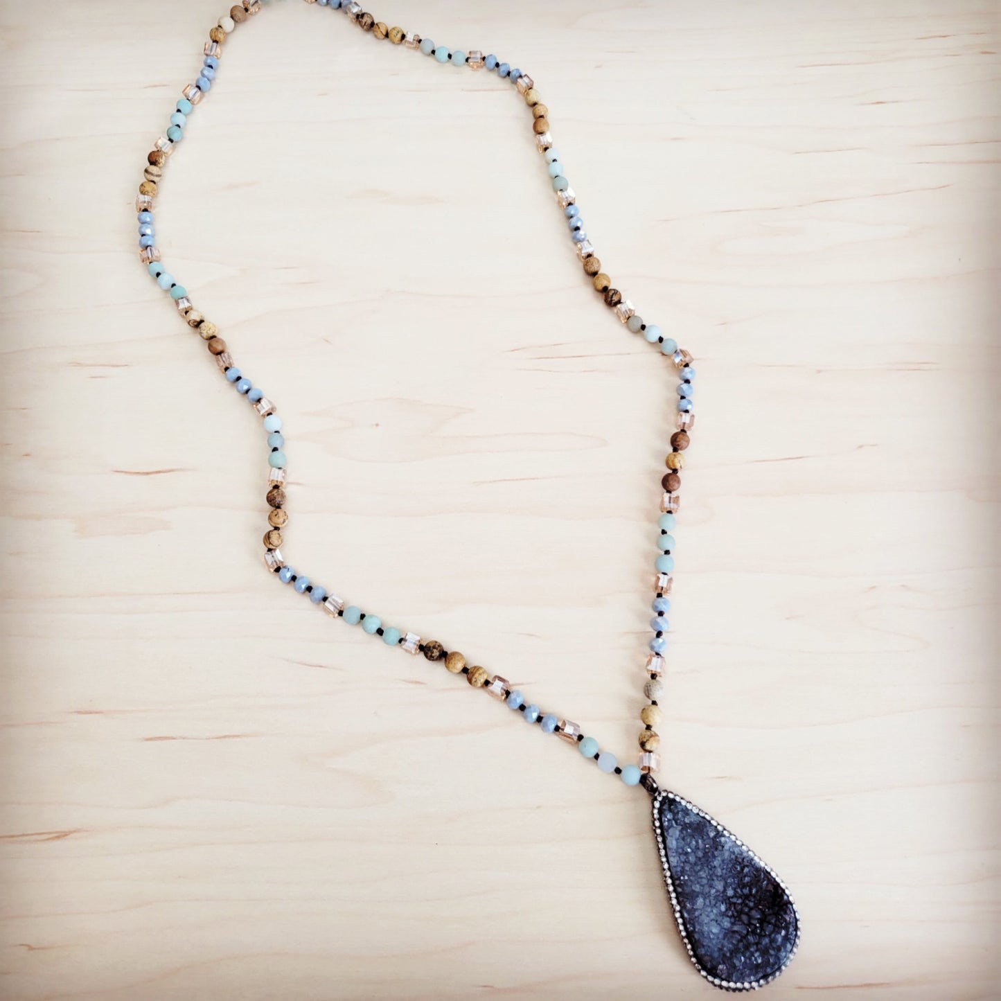 **Amazonite & Crystal Long Beaded Necklace w/ Druzy Pendant 262u