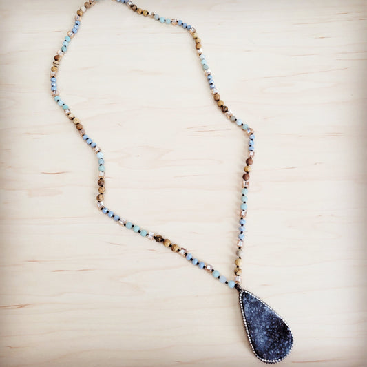 **Amazonite & Crystal Long Beaded Necklace w/ Druzy Pendant 262u