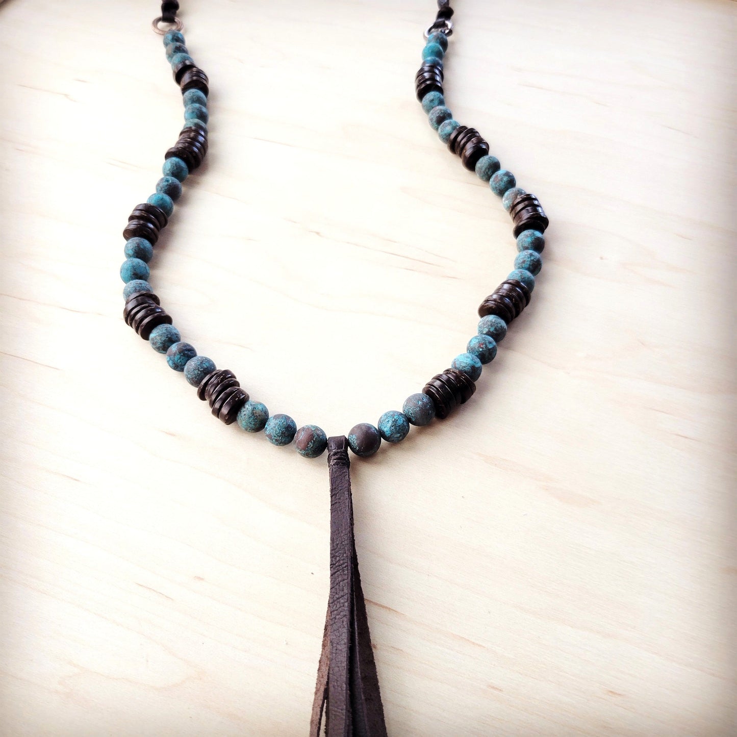 **Natural American Turquoise Necklace w/ Wood Beads & Tassel 262i