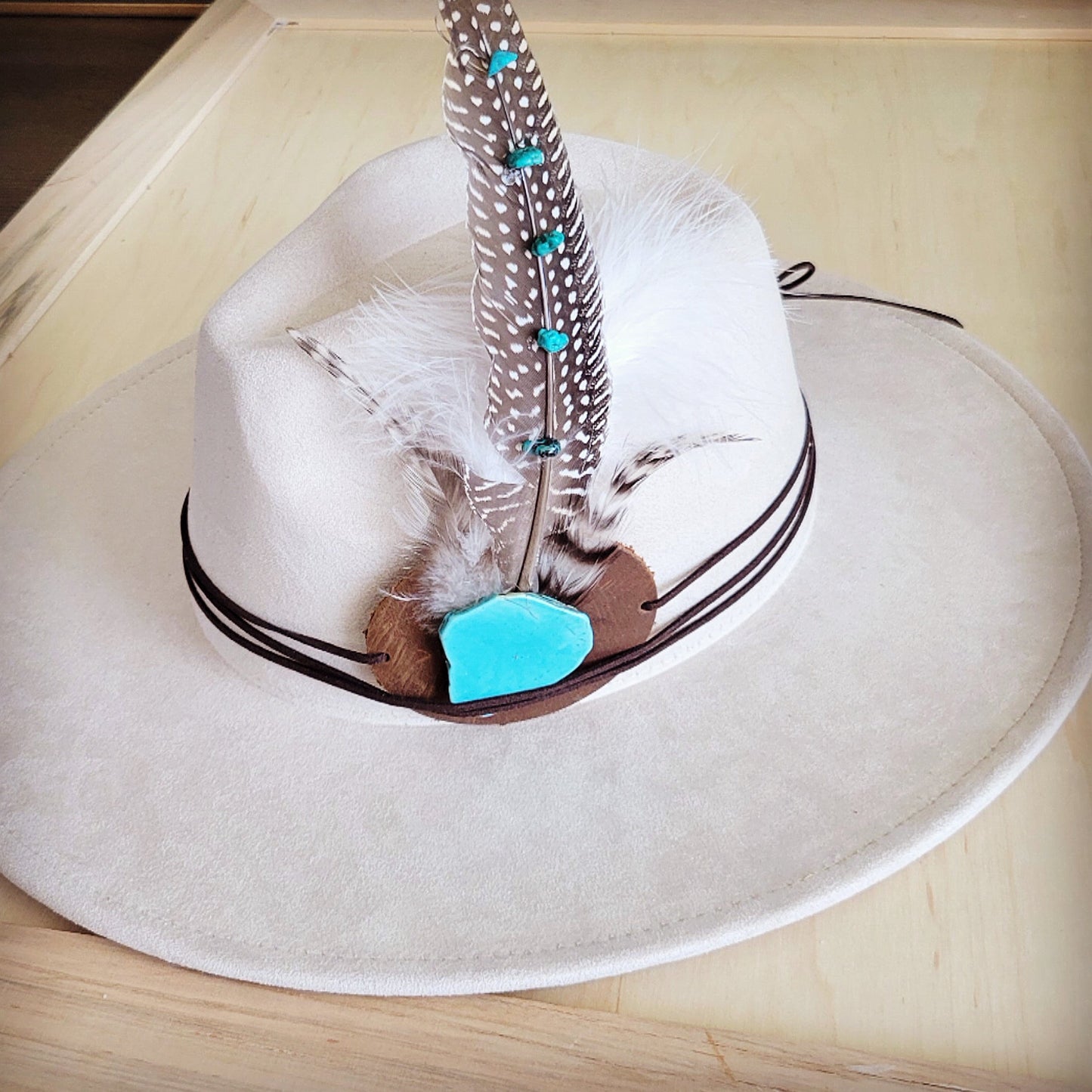 Turquoise Accent Guinea Feather & Leather Hat Band Only 952e