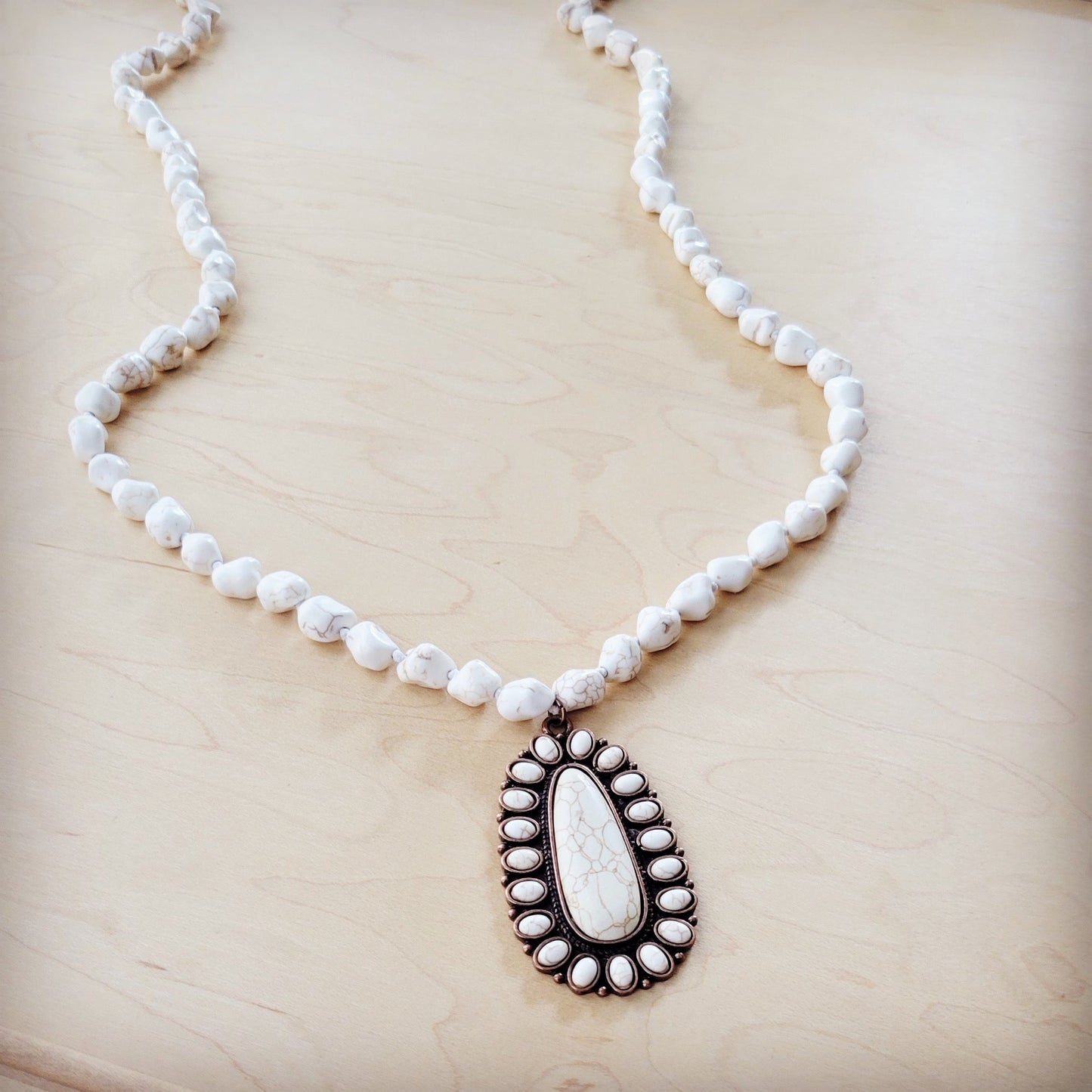 **Long Turquoise Beaded Necklace w/ Squash Blossom Pendant White 261ww