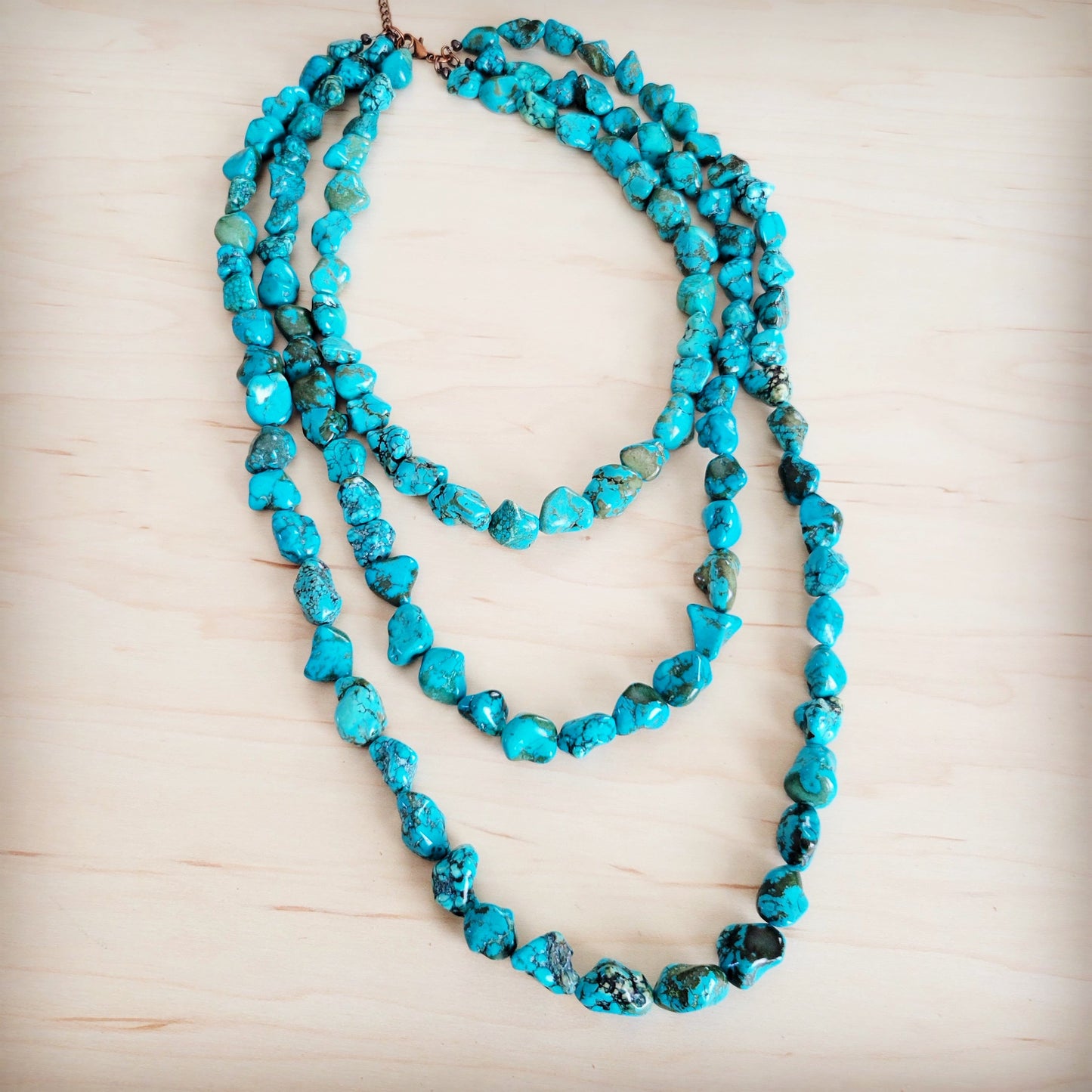 Genuine Blue Turquoise Triple Strand Necklace 259h
