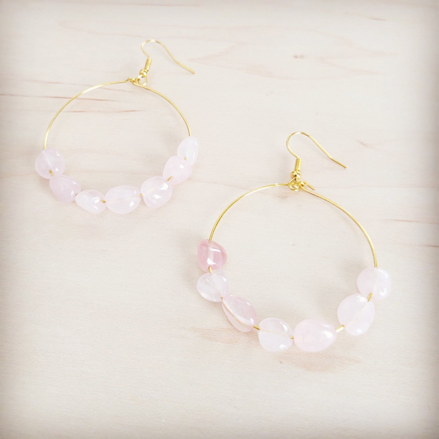 **Beaded Hoop Earrings- Genuine Natural Rose Quartz Stones 200bk