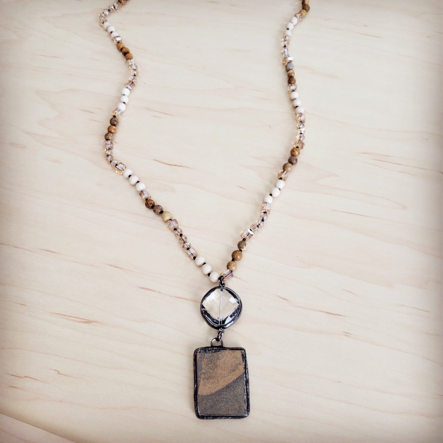 **Picture Jasper & Crystal Long Beaded Necklace w/ Jasper Pendant 262t