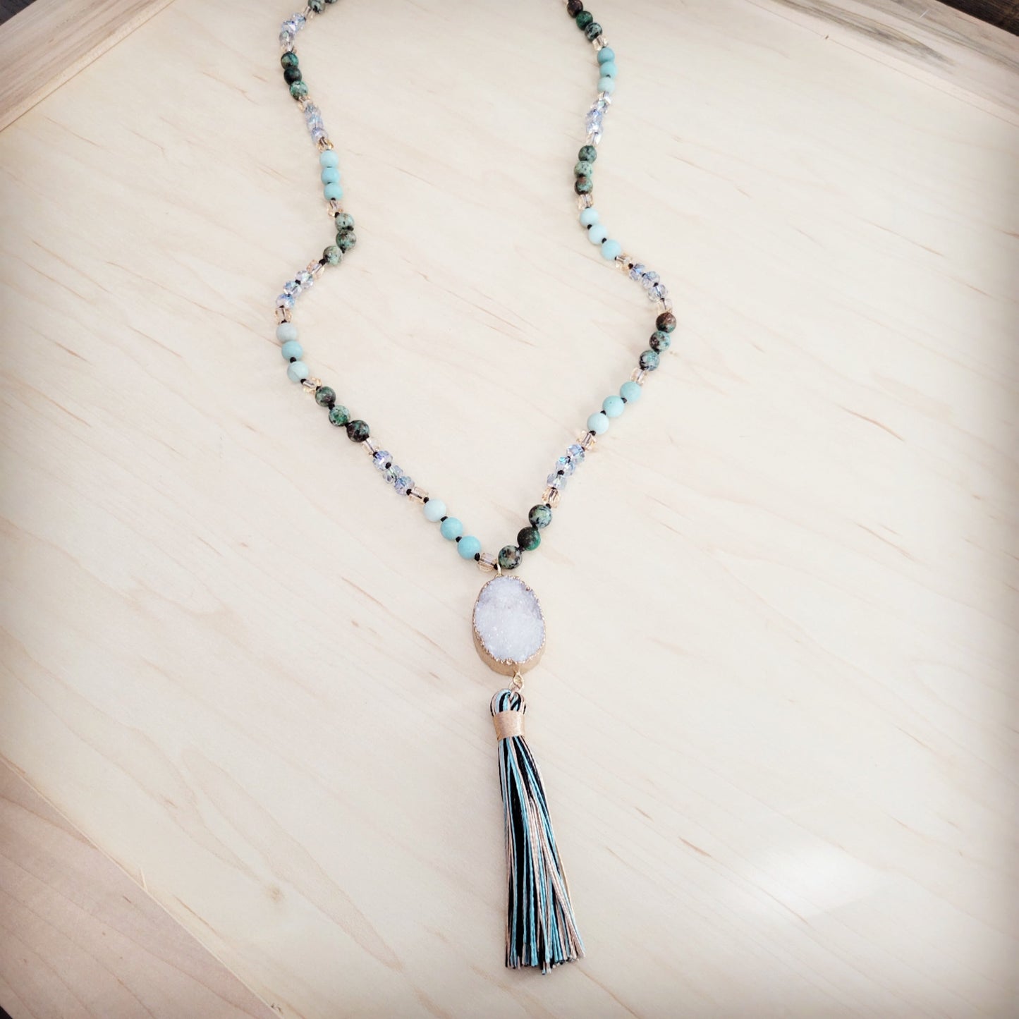 **Long Amazonite Necklace with Genuine White Druzy Pendant  262j