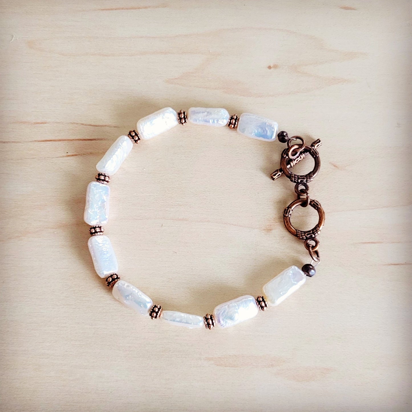 Genuine Rectangle Freshwater Pearl & Copper Bracelet 812c