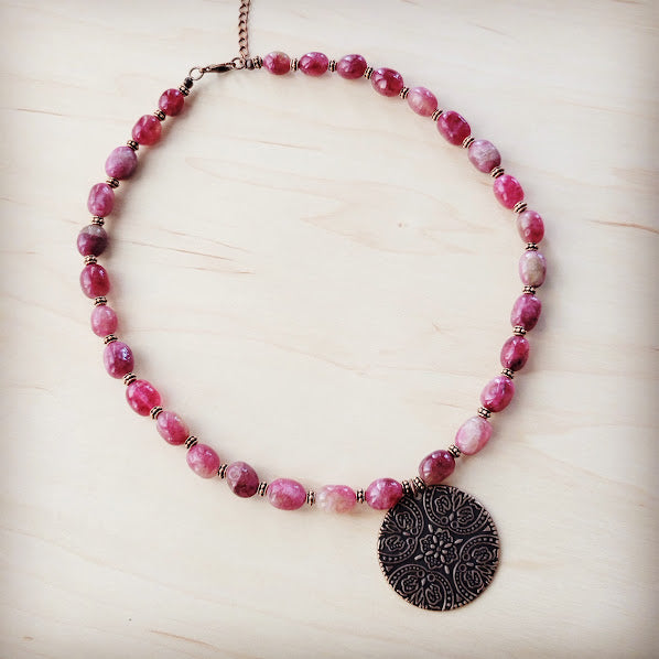 **Natural Pink Jade Beaded Collar Necklace w/ Scroll Pendant 261L