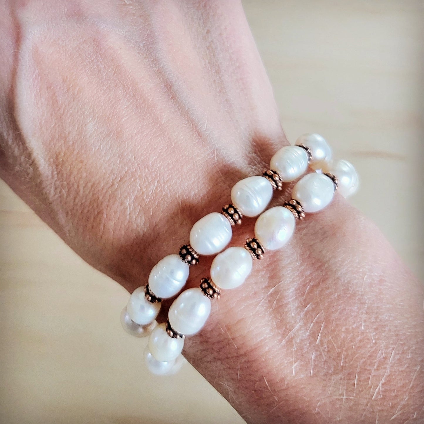 Freshwater Pearl & Copper Boho Beaded Double Strand Bracelet 811y