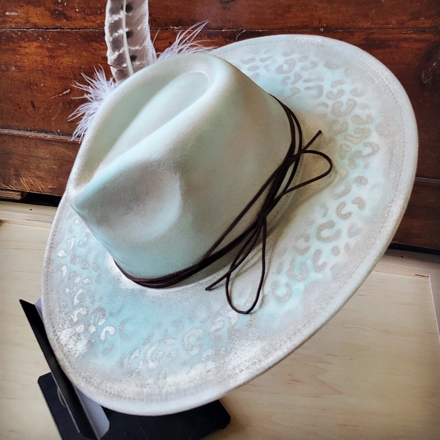 Hand-Painted Leopard Boho Western Cowgirl Hat & Band Mint 987d