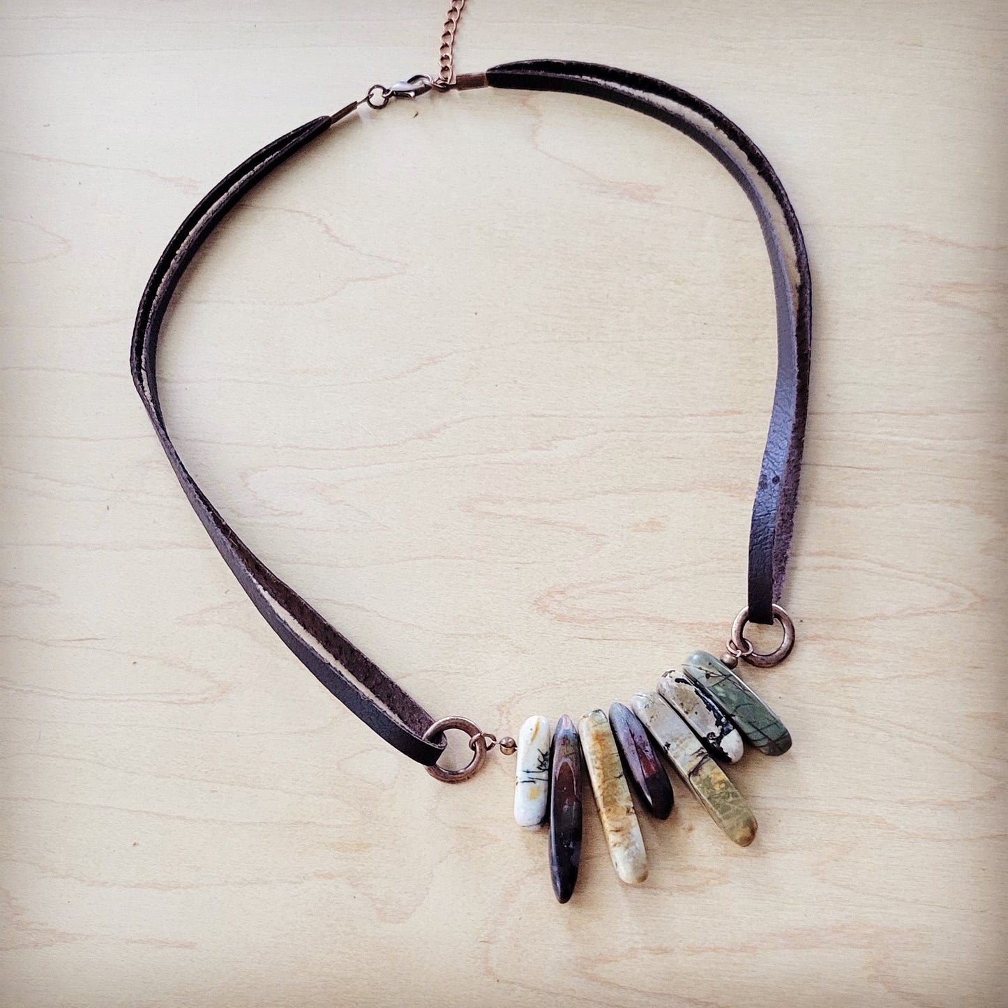 Picasso Jasper Stone Collar Necklace w/ Genuine Leather Cord 261f