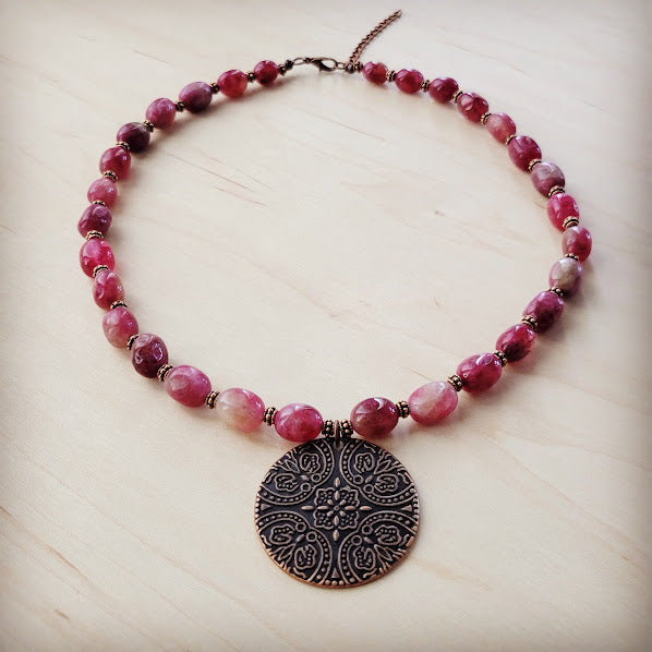 **Natural Pink Jade Beaded Collar Necklace w/ Scroll Pendant 261L