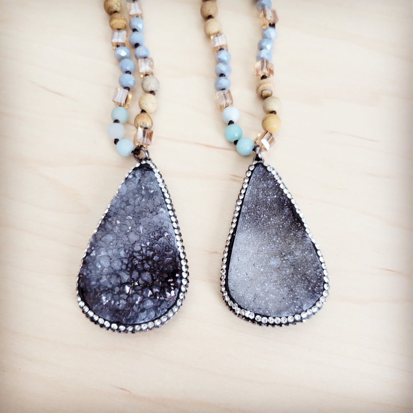 **Amazonite & Crystal Long Beaded Necklace w/ Druzy Pendant 262u