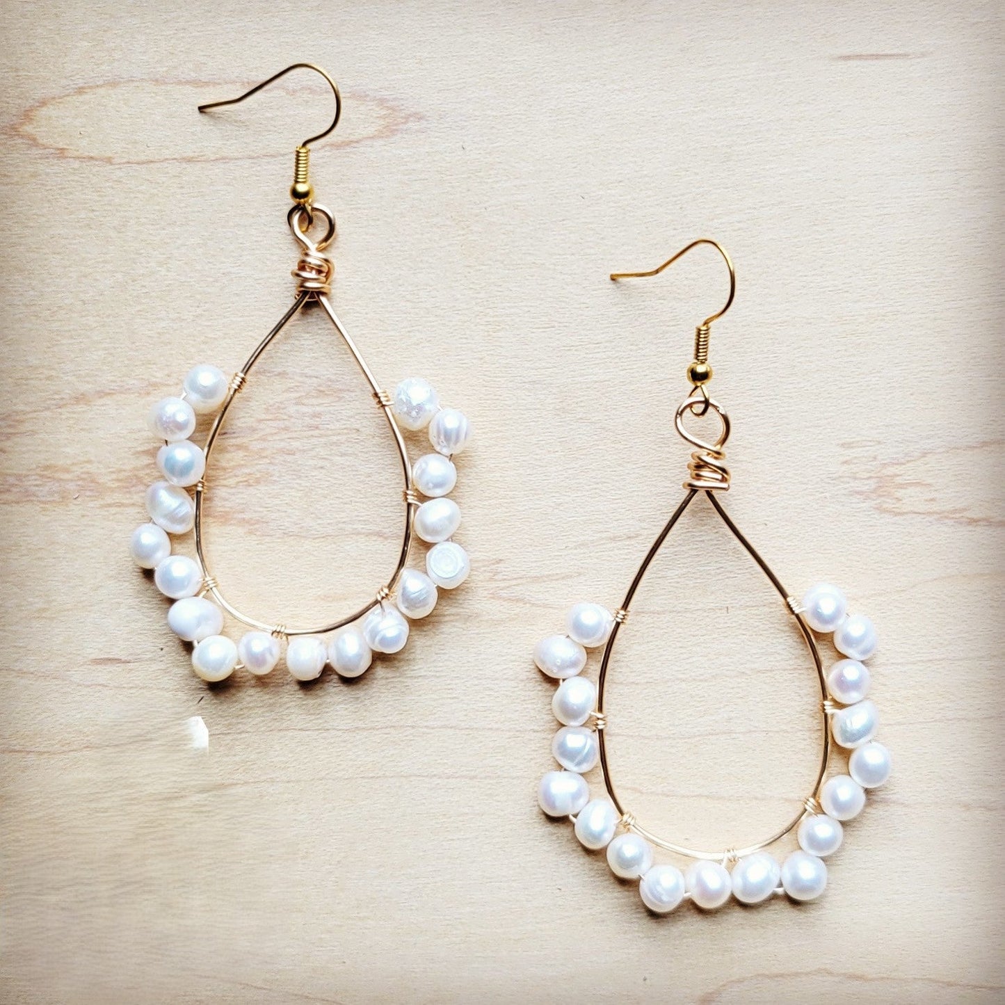Wire Wrapped Freshwater Pearl Beaded Hoop Earrings 218y