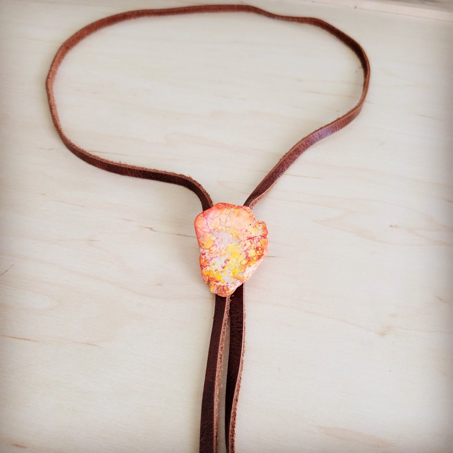 Leather Lariat Boho Necklace w/ Orange Regalite Slab Accent 264g