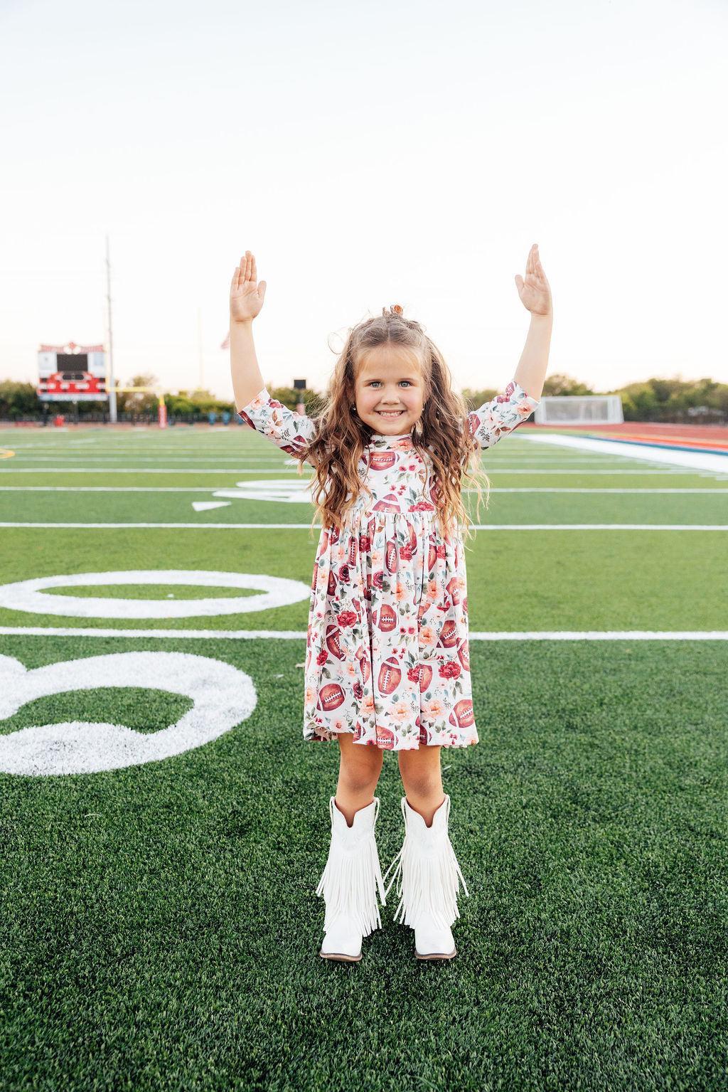 Footballs & Flowers 3/4 Sleeve Pocket Twirl Dress