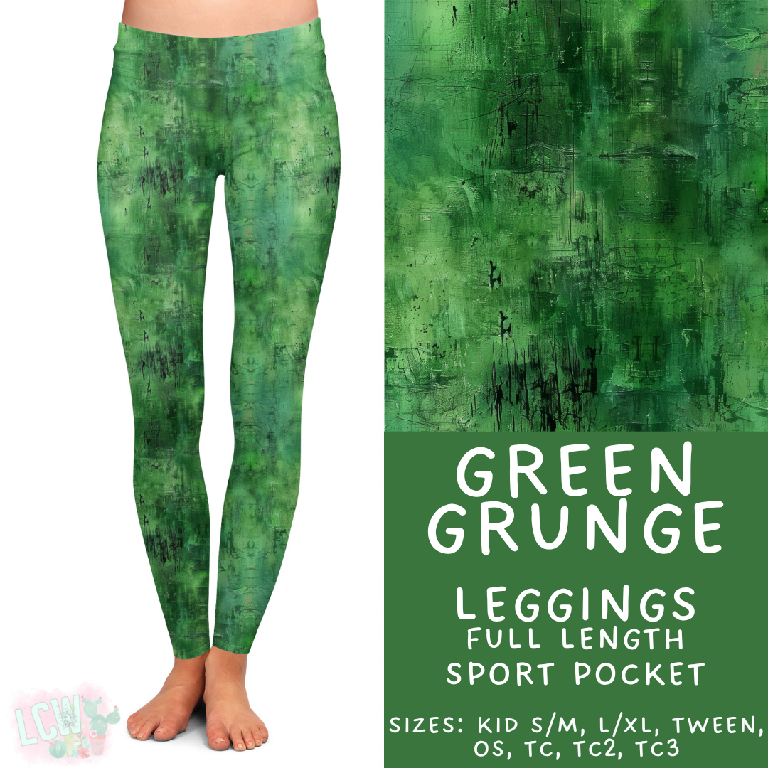 Ready to Ship  - Green Grunge Full Length Leggings - Sport Pocket TC2