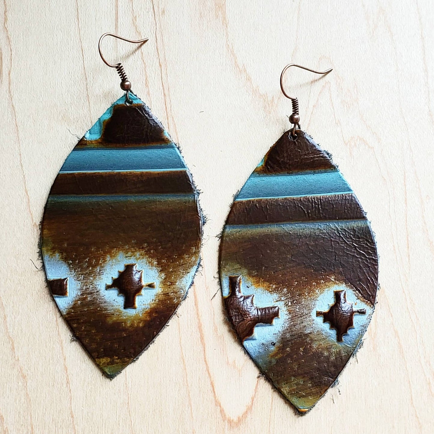 **Leather Oval Earrings Blue Navajo 224a