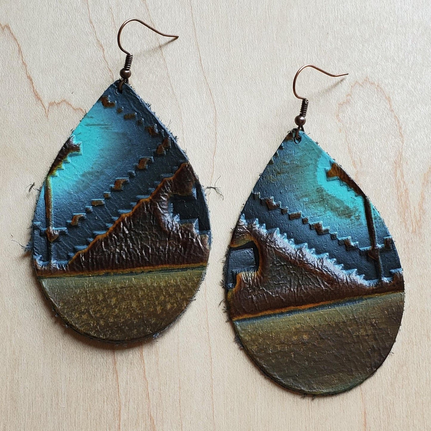 **Leather Teardrop Earrings in Blue Navajo 223z