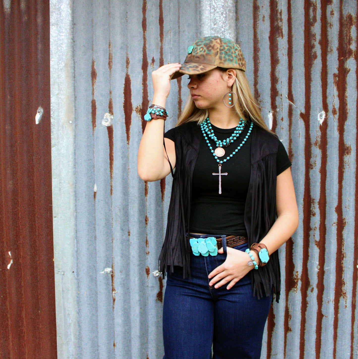 Blue Turquoise Collar-Length Necklace w/ Indian Buffalo Coin 114E