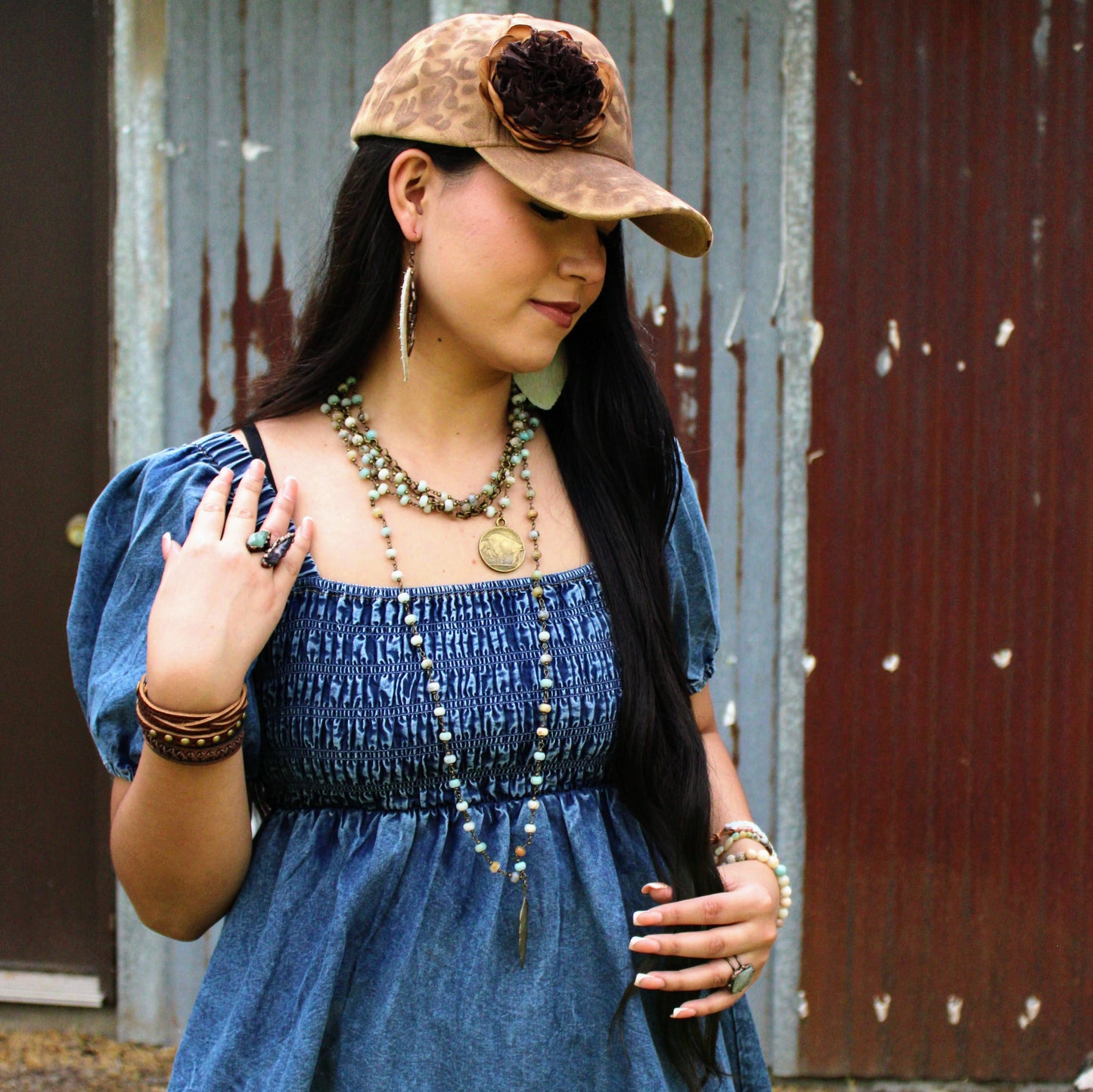 Leather Oval Earrings Tan Hair-on-Hide w/ Copper Feathers 223c
