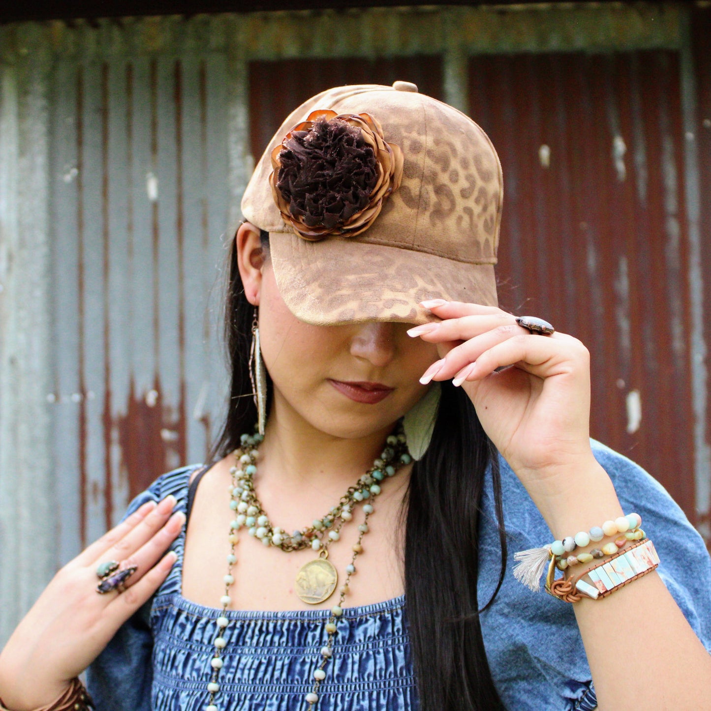 Leather Oval Earrings Tan Hair-on-Hide w/ Copper Feathers 223c