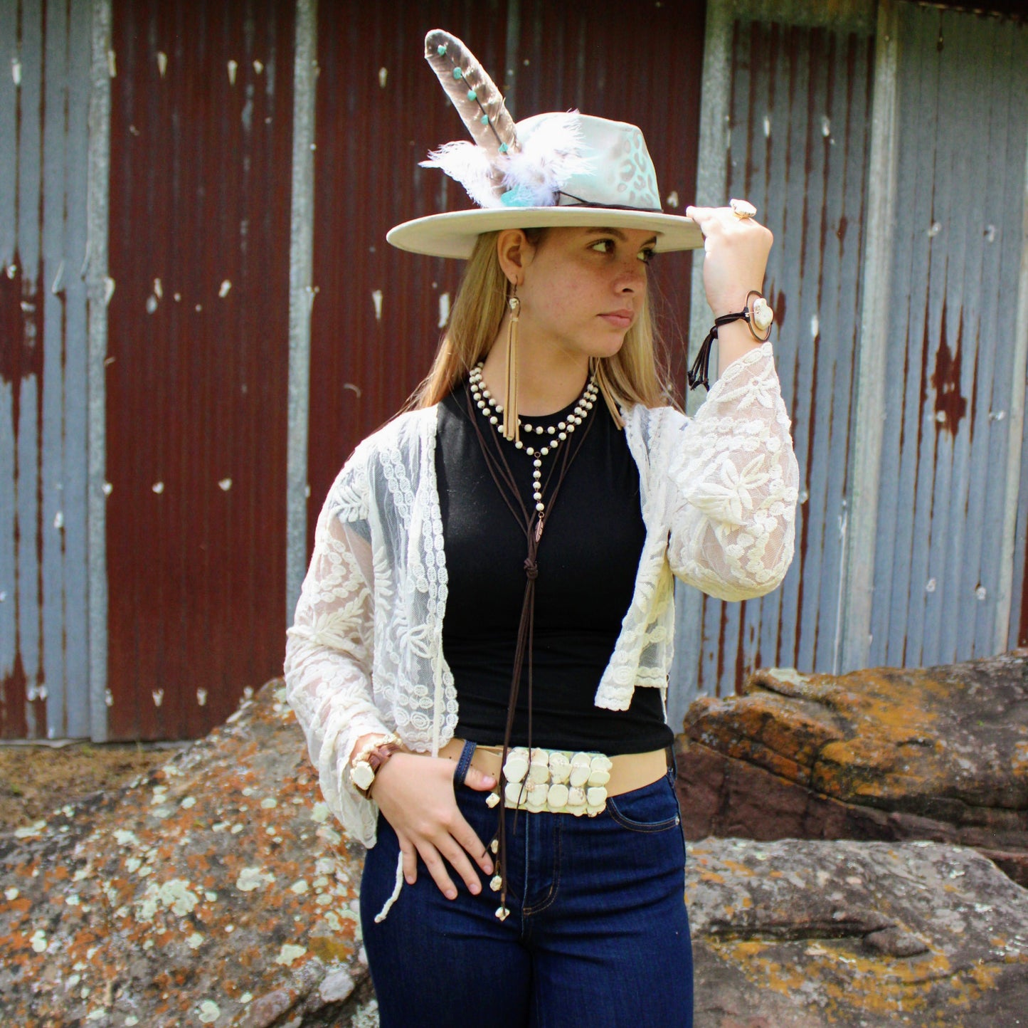 Double Strand Lariat White Turquoise Necklace w/ Copper Feather 259q
