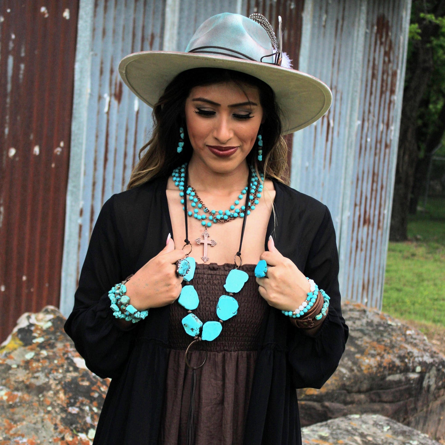 Blue Turquoise Slab Necklace with Long Leather Tassel 226G