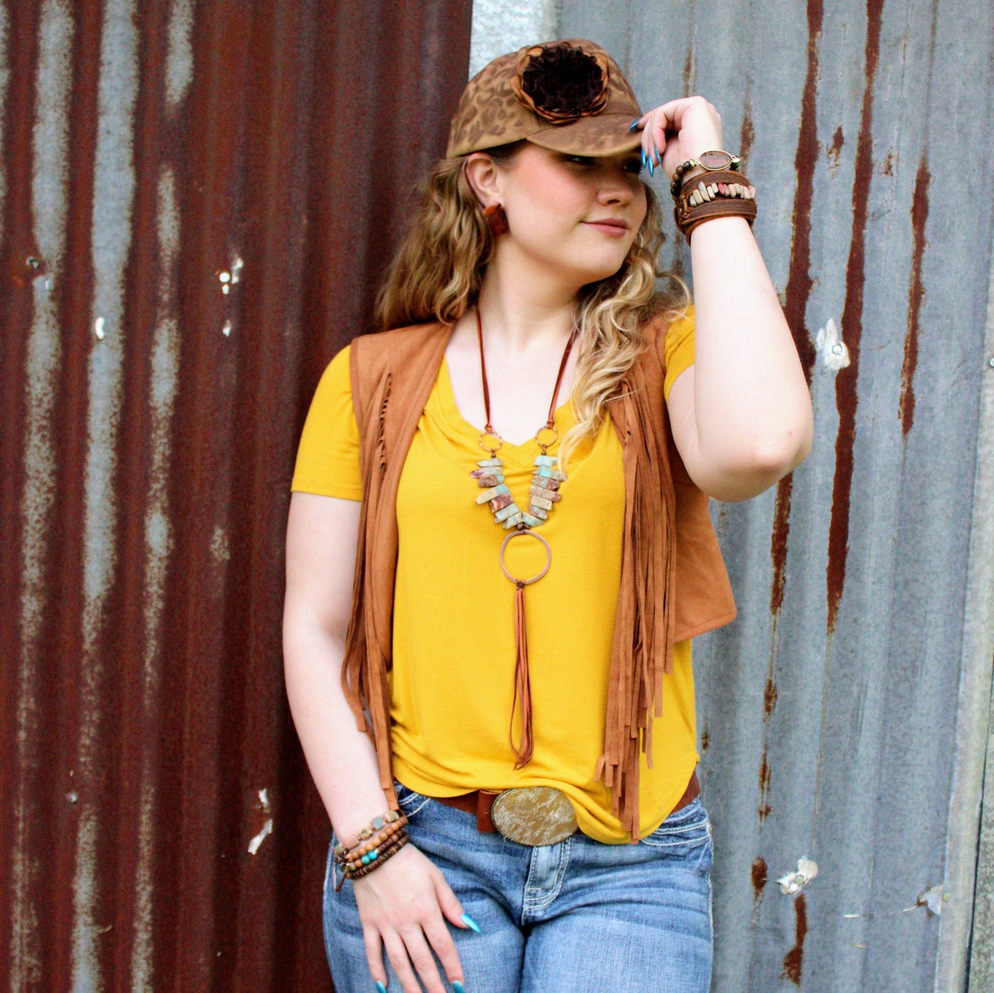 Aqua Terra Necklace w/ Hammered Copper Hoop Long Fringe 225o