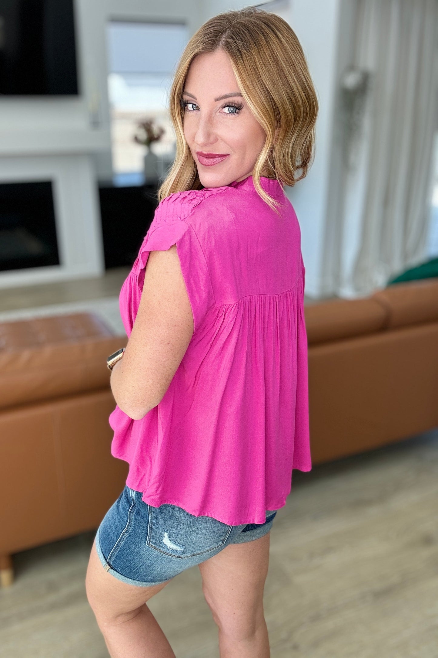 Pleat Detail Button Up Blouse in Hot Pink