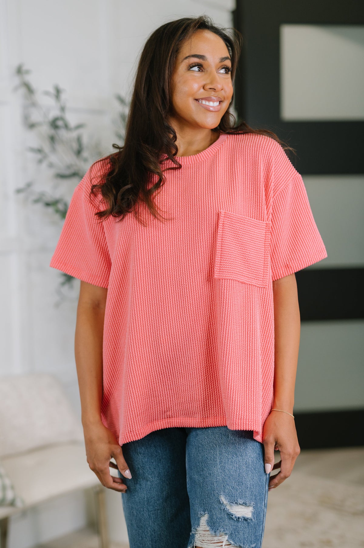 Not That complicated Textured Boxy Tee in Salmon