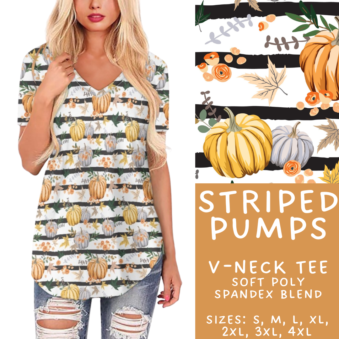 Batch #407 - Fall Fun 2 - Closes 9/4 - ETA mid/late October - Striped Pumps V-Neck Tee