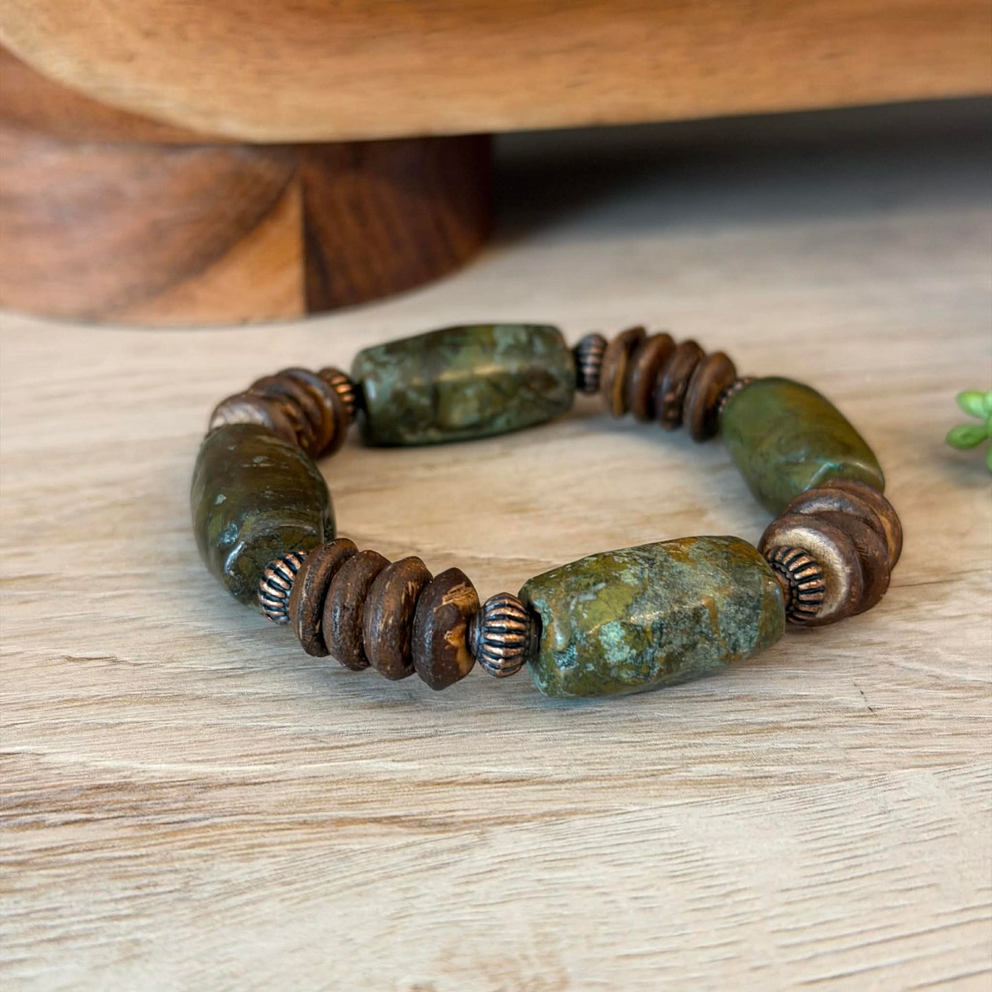 Barrel Shaped African Turquoise, Bronze and Wood Stretch Jewelry Junkie Bracelet